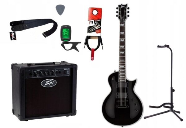 Gitara elektryczna LTD EC-401 BLK + wzmacniacz 12W + tuner + statyw w zestawie