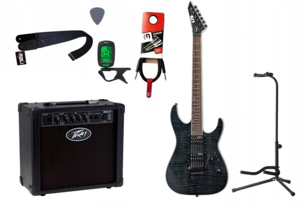 Gitara elektryczna LTD M-200FM STBLK + wzmacniacz 12W + tuner + statyw w zestawie