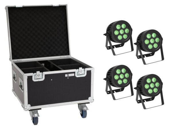 EUROLITE Zestaw 4x LED IP PAR 7x9W SCL Spot + Skrzynia Transportowa