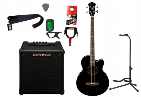 Bas akustyczny Ibanez AEB8E-BK + Wzmacniacz 20W + Kabel + Tuner + Statyw