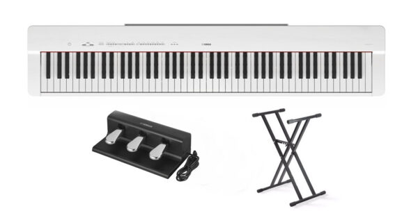 Yamaha P-225 WH – pianino cyfrowe + zestaw pedałów Yamaha FC-35 + statyw