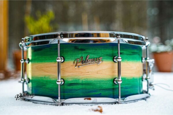 Polmuz model 1 Maple 13x6,5 Snare - Artist Green to natural fade witch blue stripes0