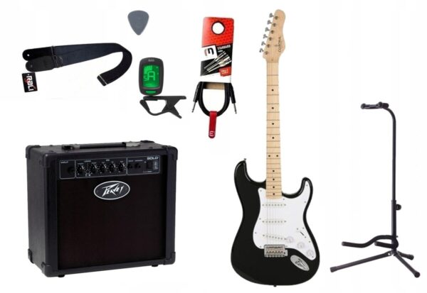 Gitara elektryczna Corona Classic ST M-BLK + wzmacniacz 12W + tuner + statyw w zestawie