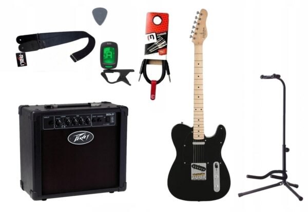Gitara elektryczna Corona Classic TE M-BLK + wzmacniacz 12W + tuner + statyw w zestawie