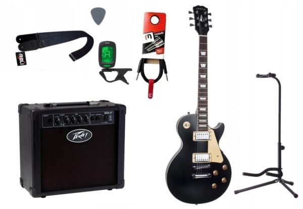 Gitara elektryczna Arrow LP 22 Active Night Black Mat Rosewood + wzmacniacz 12W + tuner + statyw w zestawie