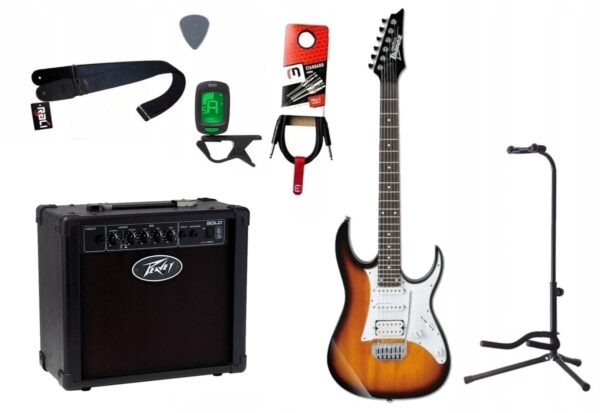 Gitara elektryczna Ibanez GRG140 SB + wzmacniacz 12W + tuner + statyw w zestawie