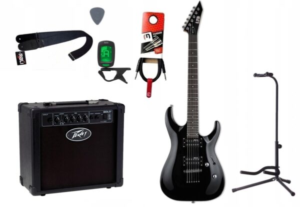 Gitara elektryczna LTD MH-10 KIT BLK + wzmacniacz 12W + tuner + statyw w zestawie