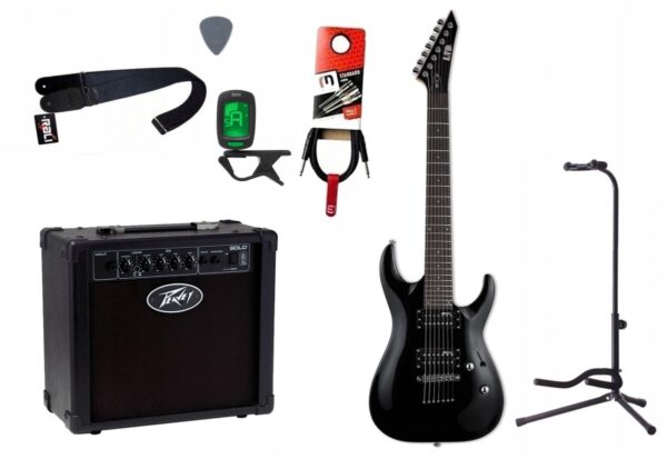 Gitara elektryczna LTD MH-17 KIT BLK + wzmacniacz 12W + tuner + statyw w zestawie