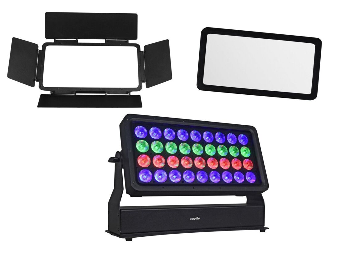 EUROLITE Zestaw Multiflood Pro IP RGBW Wash MK2 + Diffusor Cover 40° + Barndoors EUROLITE Zestaw Multiflood Pro IP RGBW Wash MK2 + Diffusor Cover 40° + Barndoors