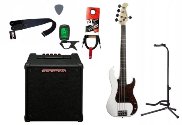 Gitara basowa Arrow Session 5 BW + Wzmacniacz 20W + Kabel + Tuner + Statyw