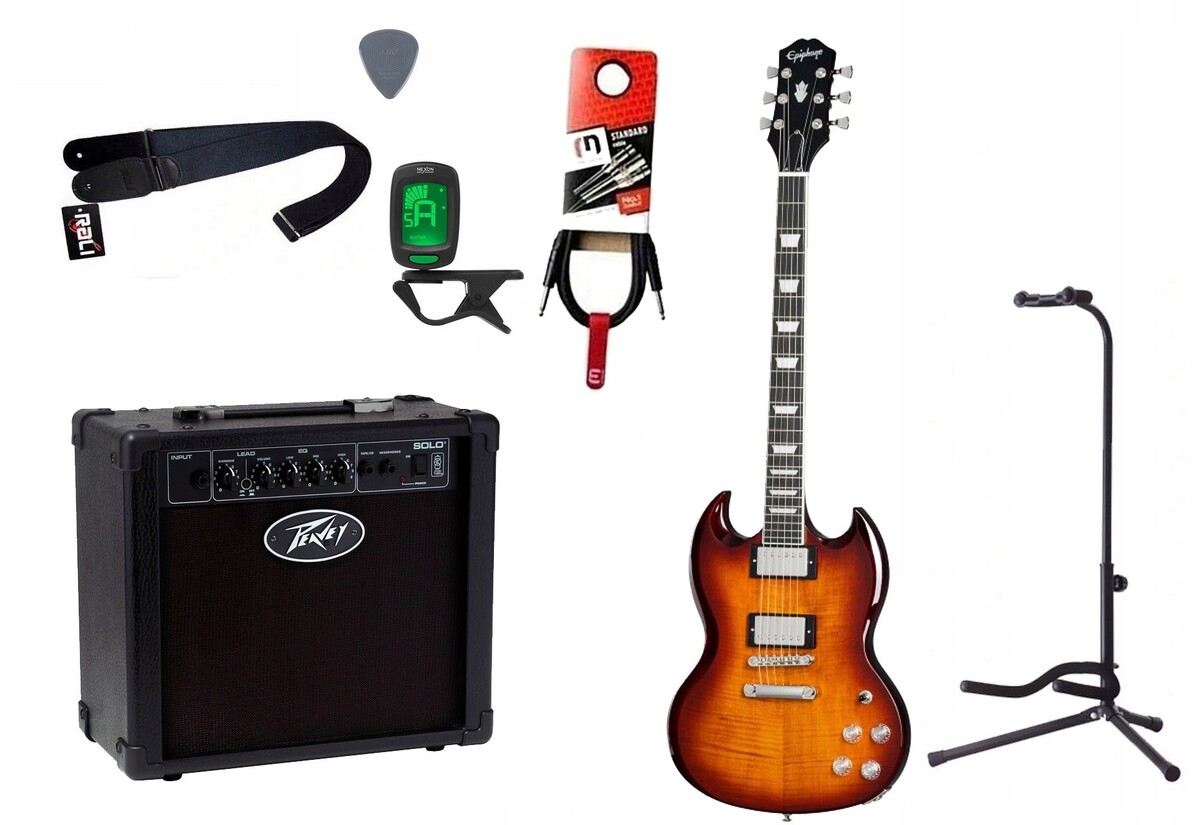 Gitara elektryczna Epiphone SG Modern Figured + wzmacniacz 12W + tuner + statyw w zestawie Gitara elektryczna Epiphone SG Modern Figured + wzmacniacz 12W + tuner + statyw w zestawie
