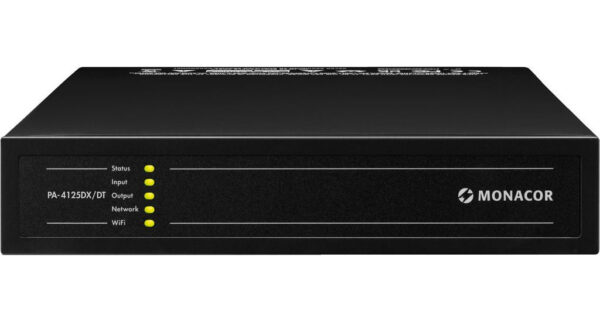 Monacor PA-4125DX/DT - Wielofunkcyjny, 4-strefowy wzmacniacz miksujący z interfejsem Dante