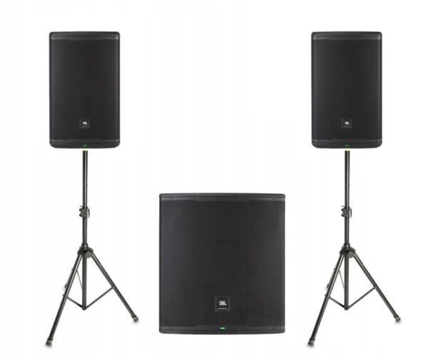 Zestaw nagłośnieniowy JBL EON, 2x kolumna EON715, 1x subwoofer EON718S statywy