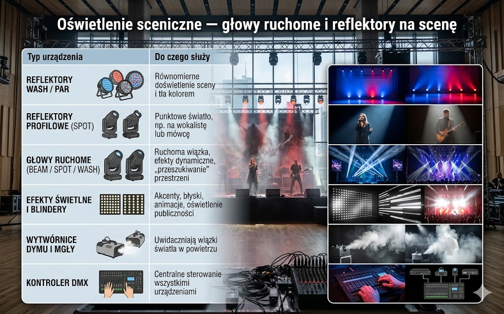 Oświetlenie sceniczne — głowy ruchome i reflektory na scenę