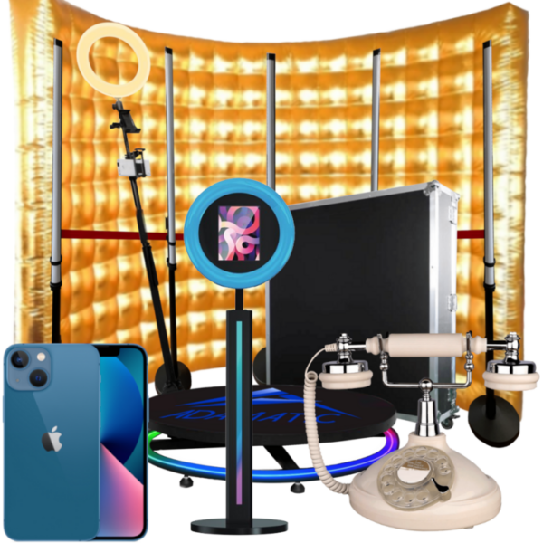 Zestaw 2 Fotobudki Premium: Fotobudka 360 100cm + Stacja do Selfie + Lampy + iPhone + iPad + Telefon Życzeń + Ścianka