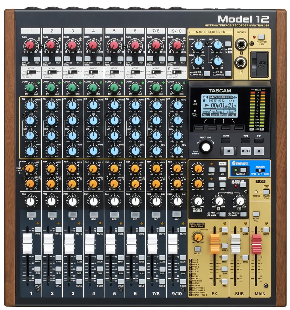 Tascam Model 12 – mikser z wbudowanym rejestratorem, interfejsem audio USB i procesorem efektów Tascam Model 12 – mikser z wbudowanym rejestratorem, interfejsem audio USB i procesorem efektów