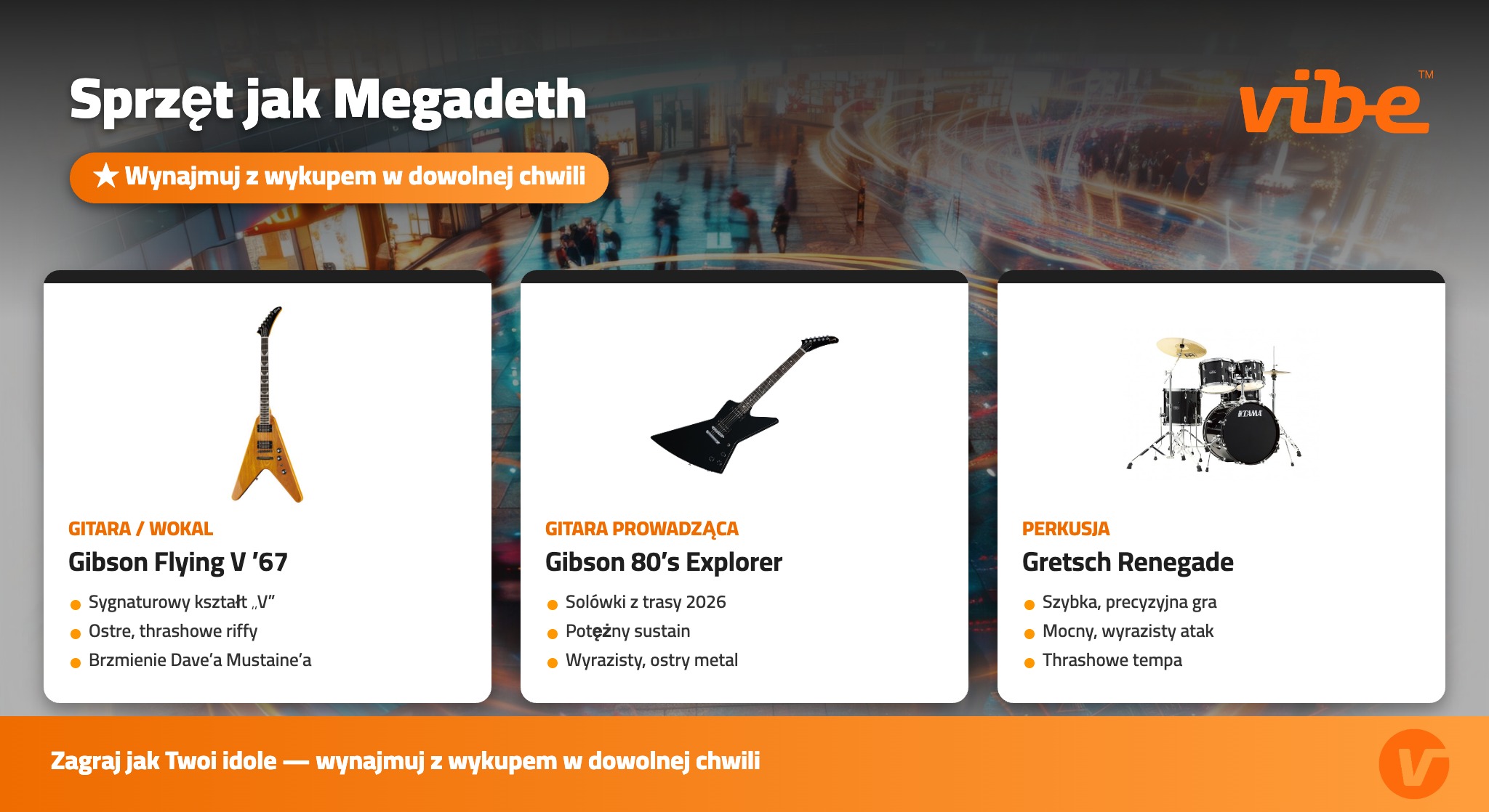 Sprzęt jak Megadeth — Gibson Flying V, Explorer, perkusja Gretsch — wynajem z wykupem w Vibe