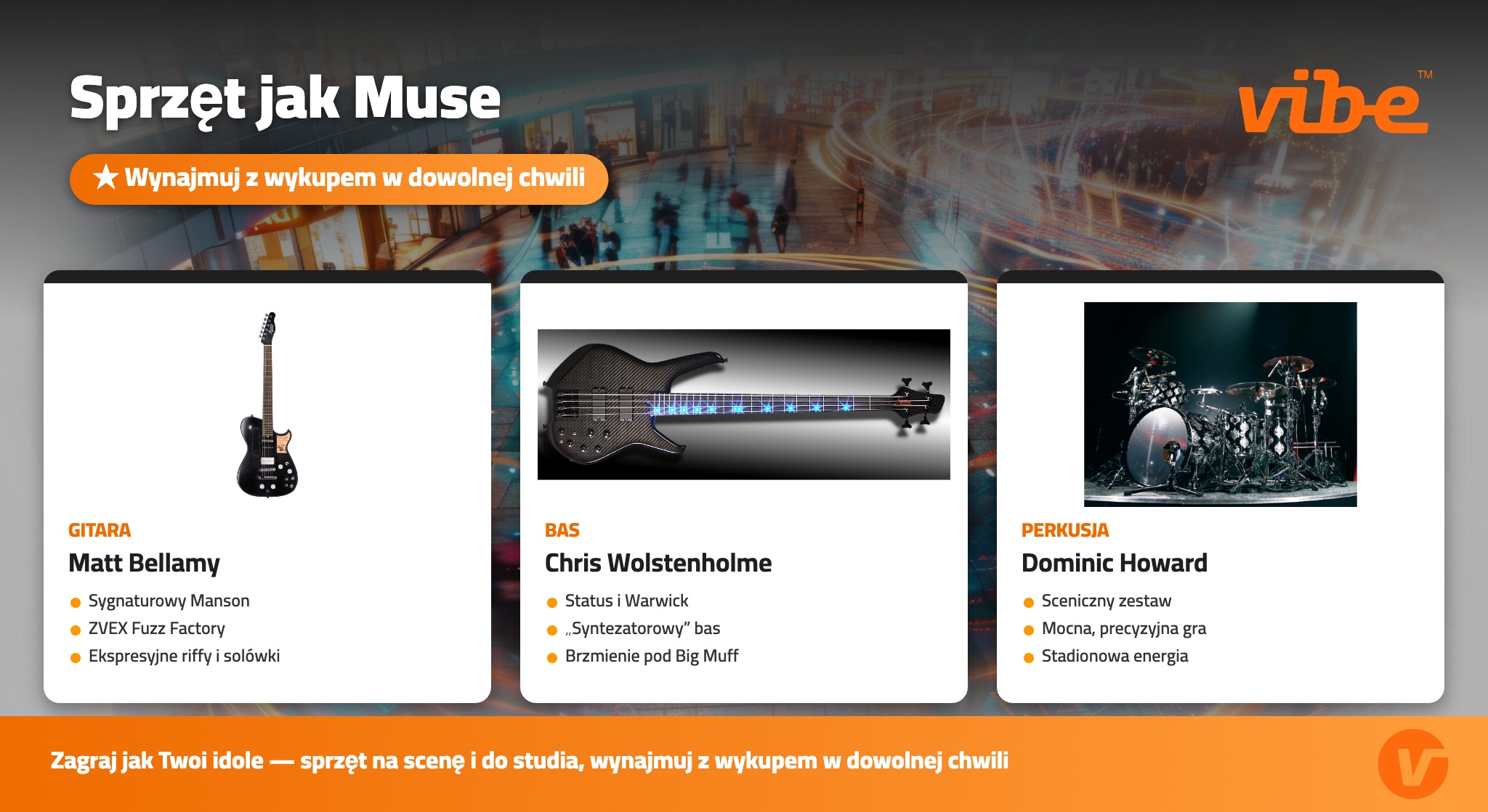 Sprzęt jak Muse — Matt Bellamy (Manson), Chris Wolstenholme (bas), Dominic Howard (perkusja) — wynajem w Vibe
