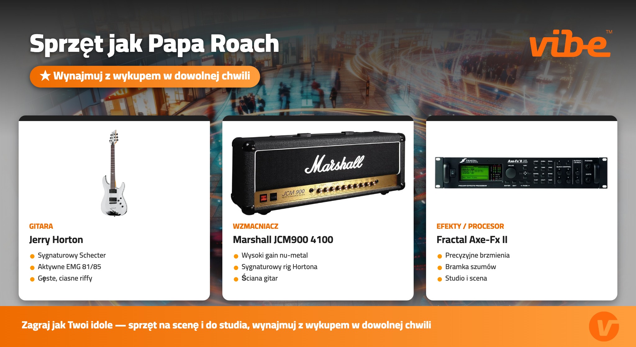 Sprzęt jak Papa Roach — Jerry Horton (Schecter), Marshall JCM900 4100, Fractal Axe-Fx II — wynajem w Vibe