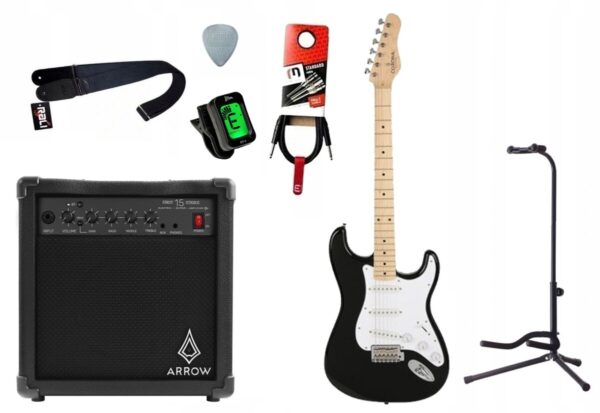 Gitara elektryczna Corona CLASSIC ST M-BLK + wzmacniacz 15W + kabel w zestawie