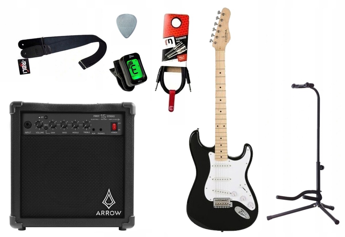 Gitara elektryczna Corona CLASSIC ST M-BLK + wzmacniacz 15W + kabel w zestawie Gitara elektryczna Corona CLASSIC ST M-BLK + wzmacniacz 15W + kabel w zestawie
