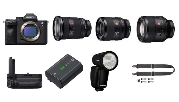 Zestaw Sony A7 IV + FE 24-70 MM F2.8 GM II + FE 85 MM F/1.4 GM + FE 35 MM F/1.4 GM + Grip Sony A7IV + Akumulator Sony NP-FZ100 + Lampa Profoto A10 AirX TTL Sony + Peak Design Pasek na szyję SLIDE BLACK V3